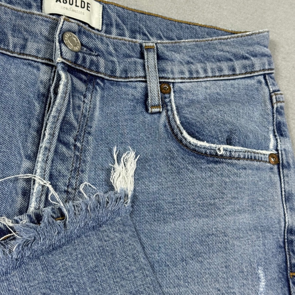 AGOLDE Nico High Rise Slim Fit Jeans Light Wash Distressed Raw Hem Blue Size 27